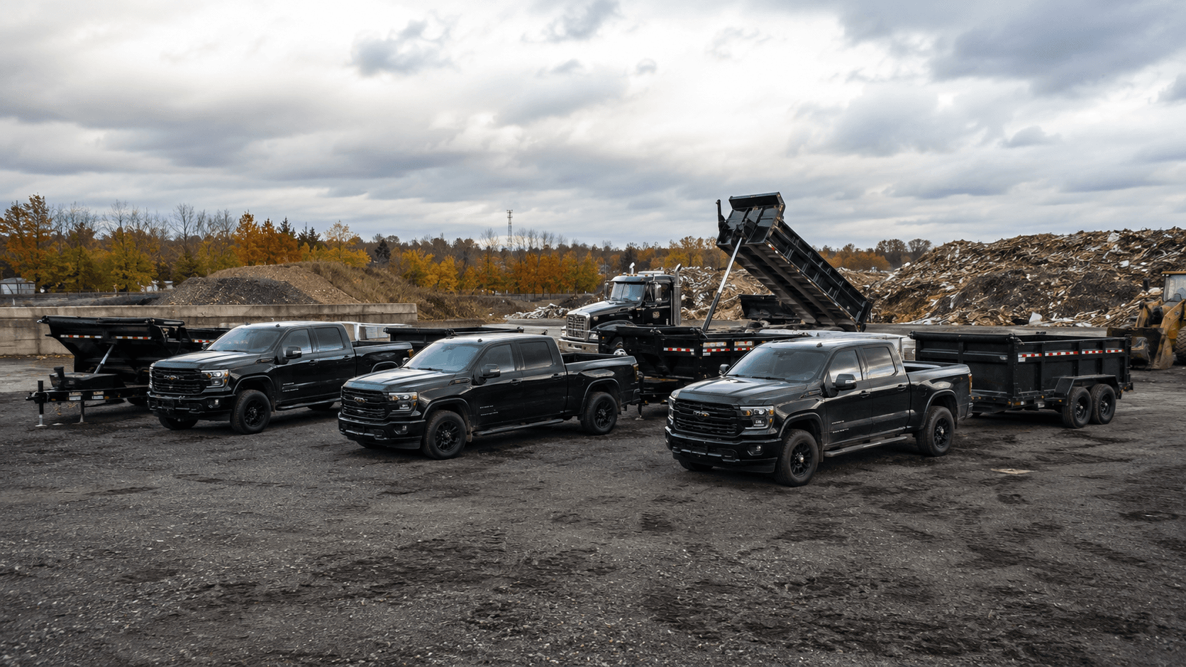 NNY Property Management trucks and dump trailers parked at the equipment yard
