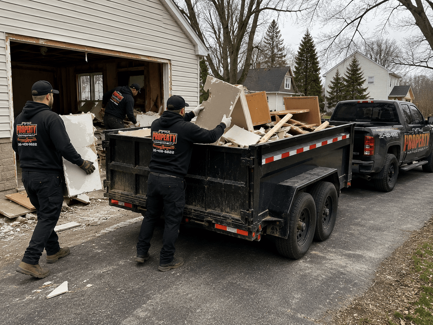Crew loading construction debris and drywall into a dump trailer
