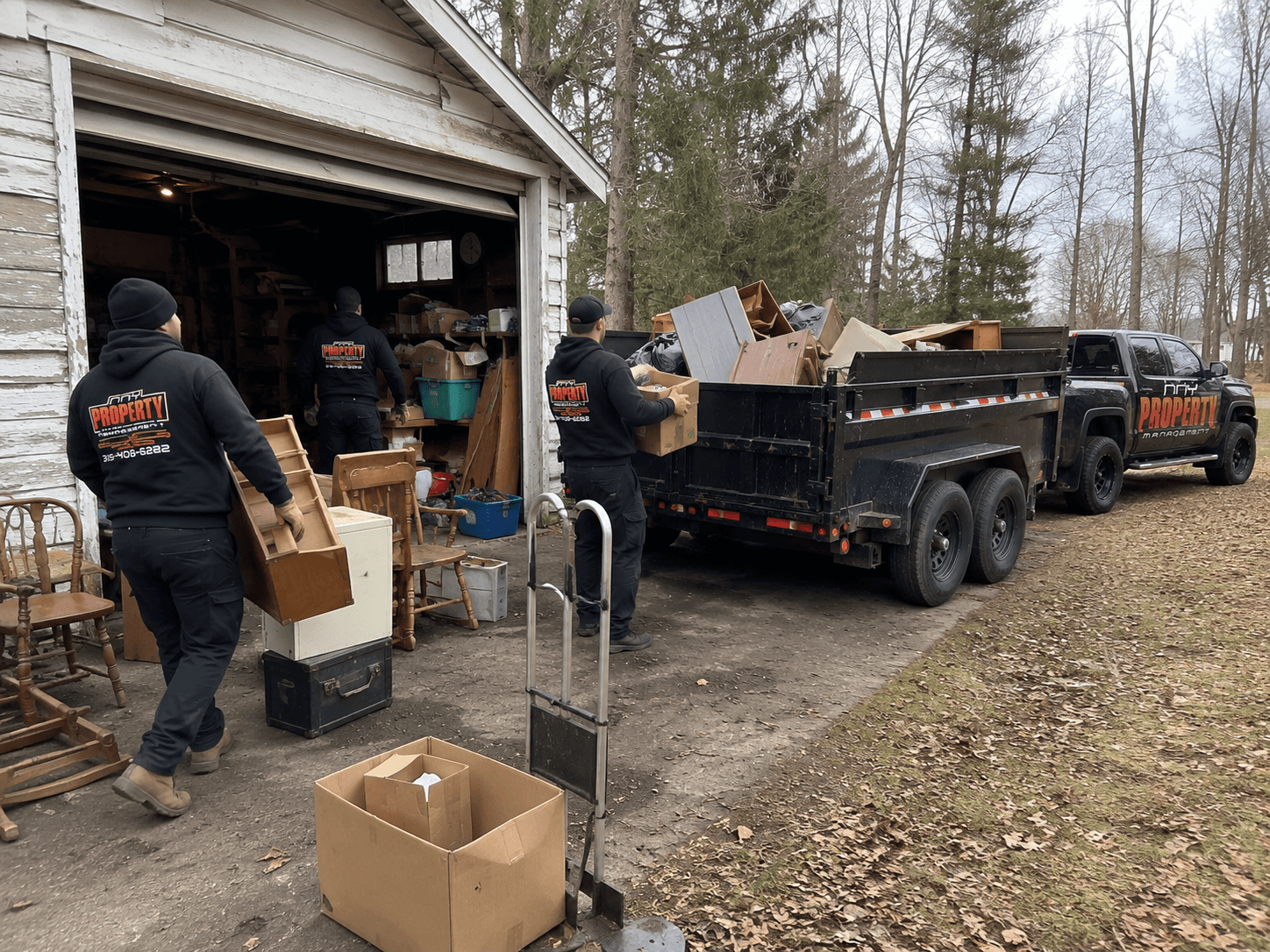 Crew clearing furniture and boxes from a garage during an estate cleanout
