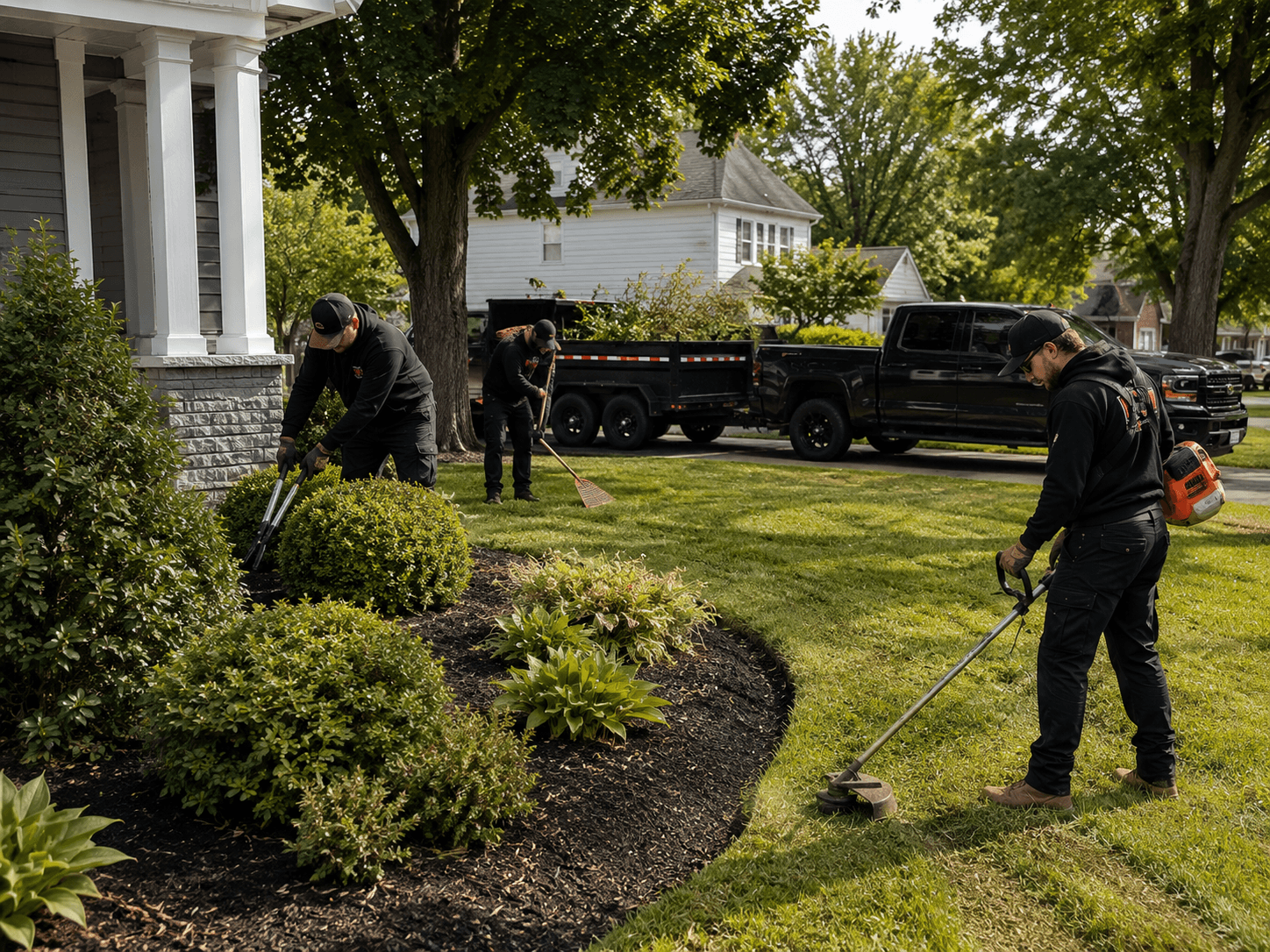 Crew trimming hedges and mulching a garden bed in front of a home