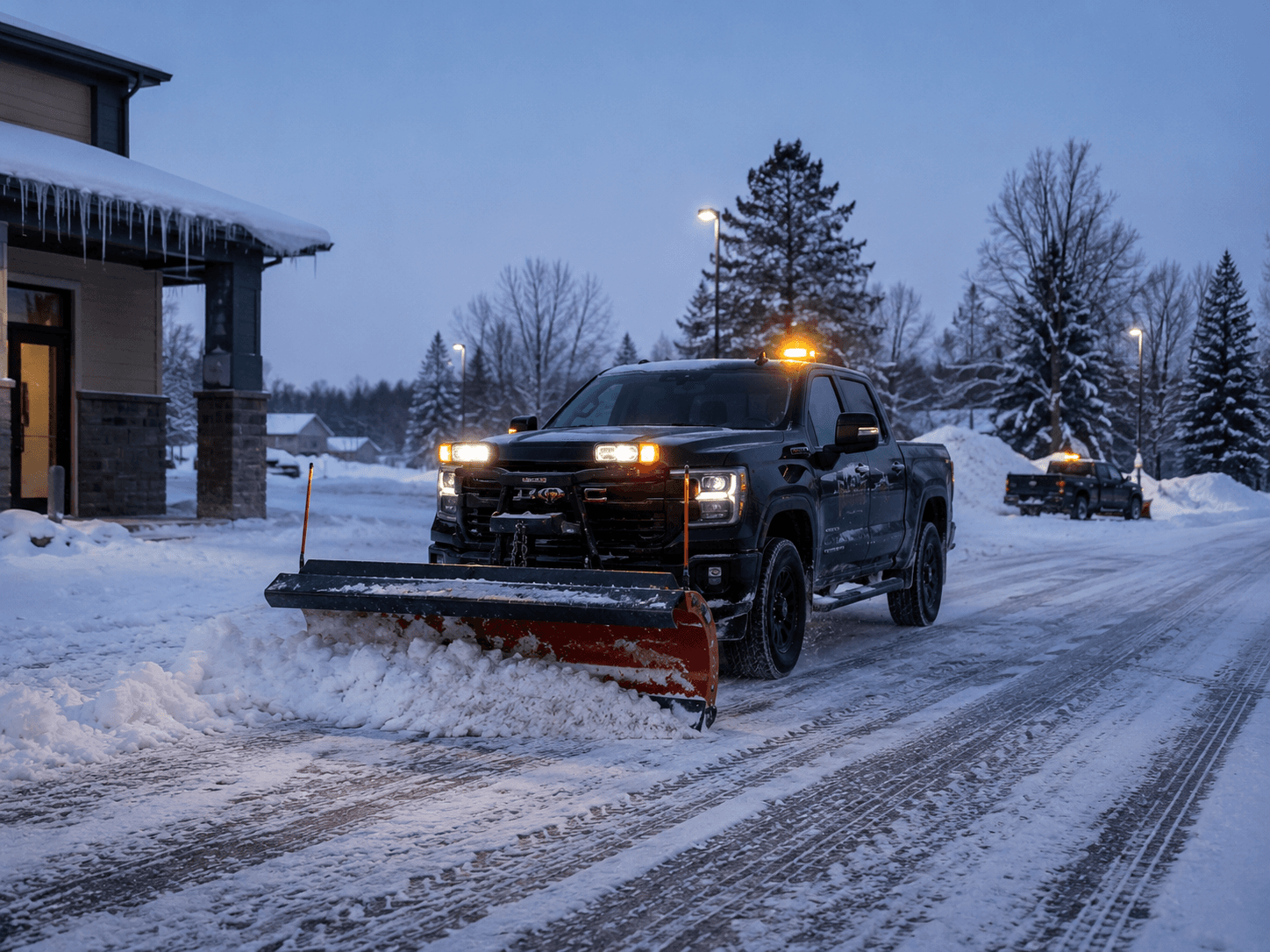 NNY Property Management truck plowing a snow-covered driveway at dusk