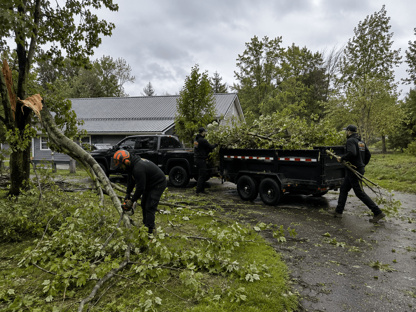 Crew clearing downed tree branches into a dump trailer after a storm